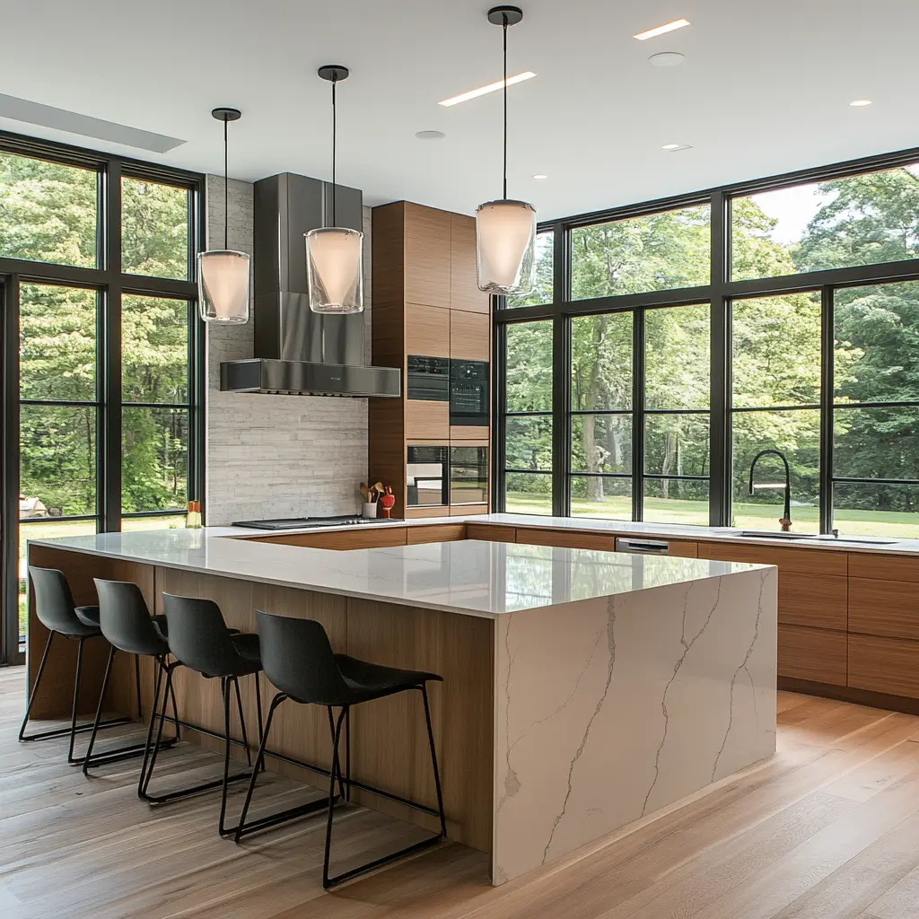 Modern Kitchen with Quartz Countertops & Island Modern kitchen with quartz countertops, island, and pendant lighting
