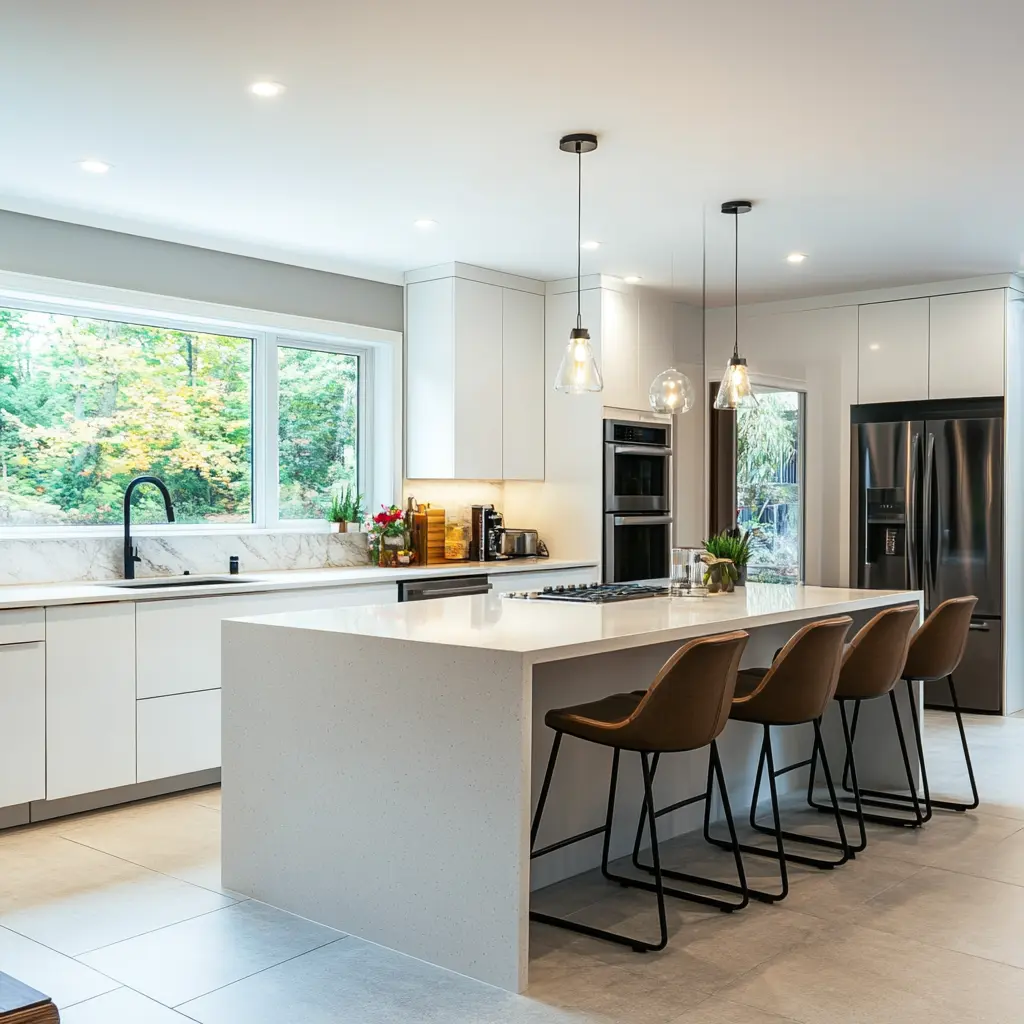 Modern Kitchen Design: Sleek and Stylish A modern kitchen with a large island, quartz countertops, and high-end appliances in Agoura Hills.