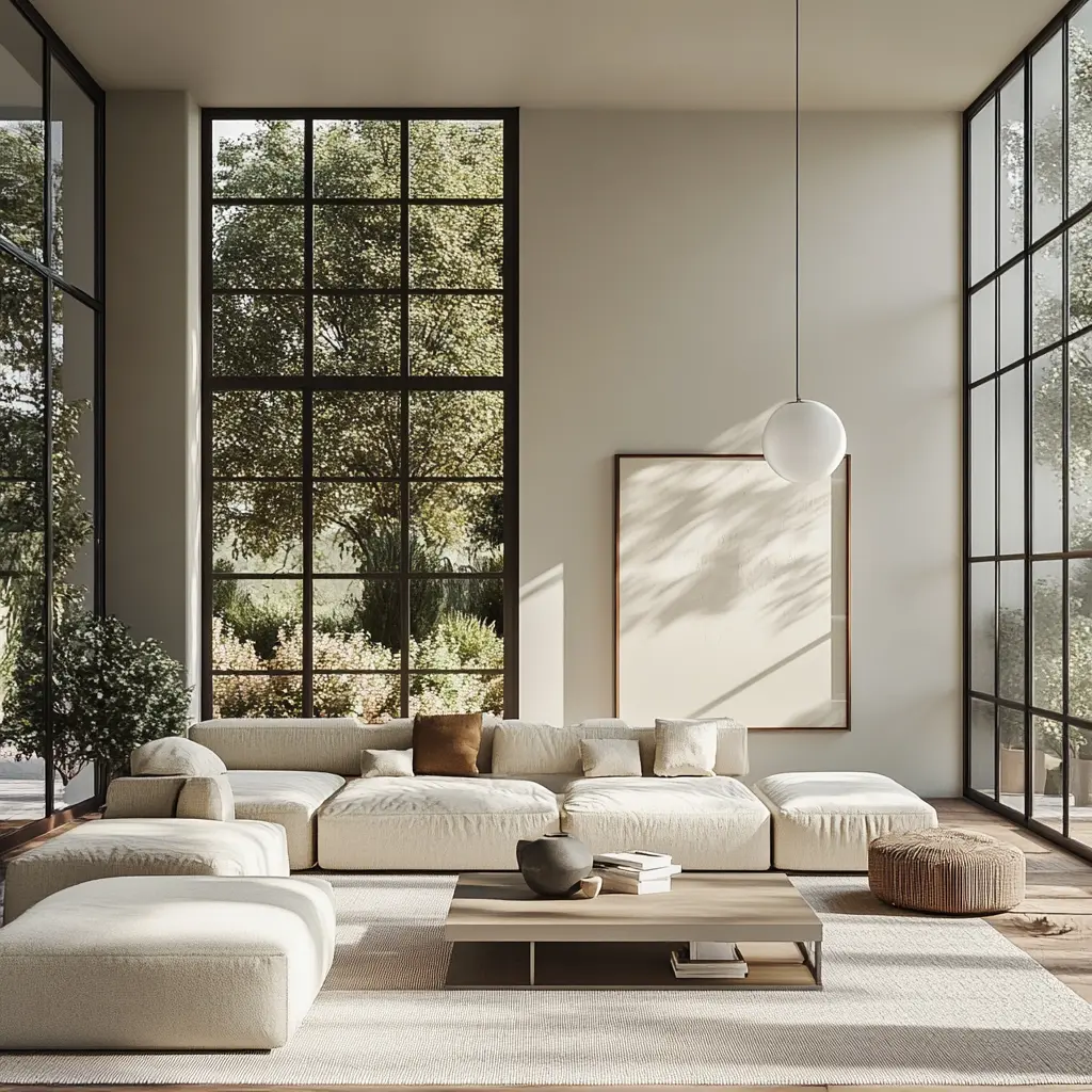 Modern and Bright Living Room: Contemporary and Minimalist Design Modern living room with large windows, contemporary sofa and neutral colors