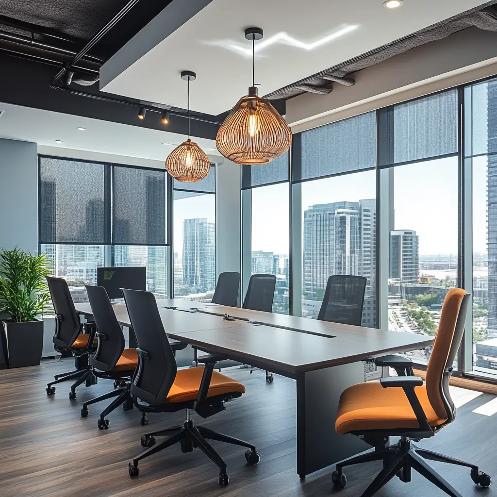 Modern Office Design: Boost Productivity and Collaboration Open-plan office with ergonomic desks and natural light