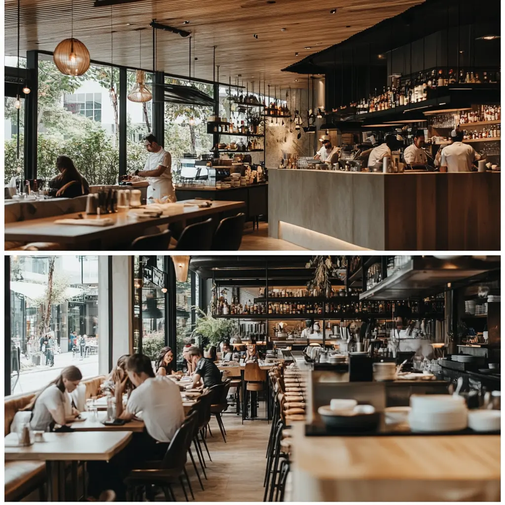 Stylish Restaurant Interior: Where Food Meets Design Modern restaurant interior with cozy booths, natural light, and a visible kitchen.