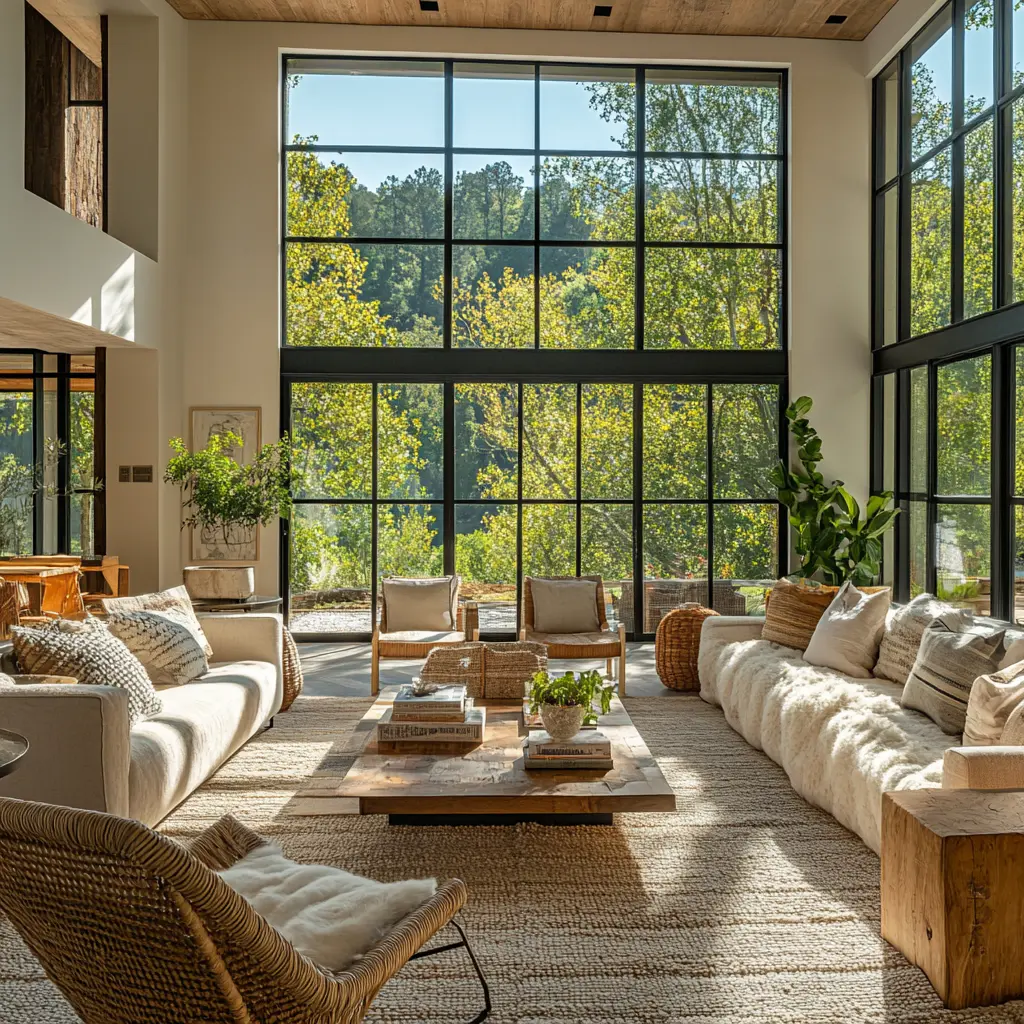Modern Rustic Living Room with Abundant Natural Light Spacious living room with floor-to-ceiling windows and cozy furnishings