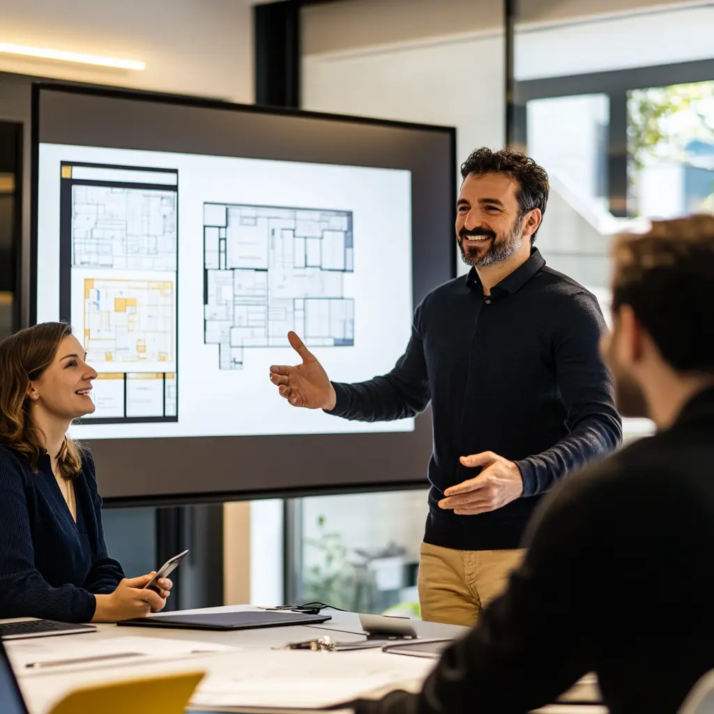 Architect presents innovative design to client Architect presenting architectural design to client in meeting Residential and Commercial Design