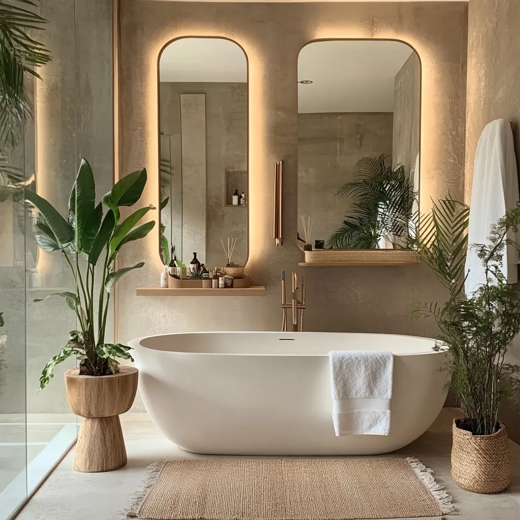 Minimalist and Tranquil Bathroom Design: Perfect for Relaxation Modern and minimalist bathroom with walk-in shower, bathtub and natural light