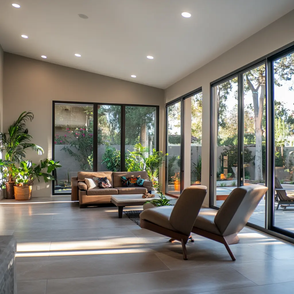 Spacious and Bright Living Room: Modern and Cozy Design Modern room addition featuring large windows, contemporary furnishings, and minimalist design.