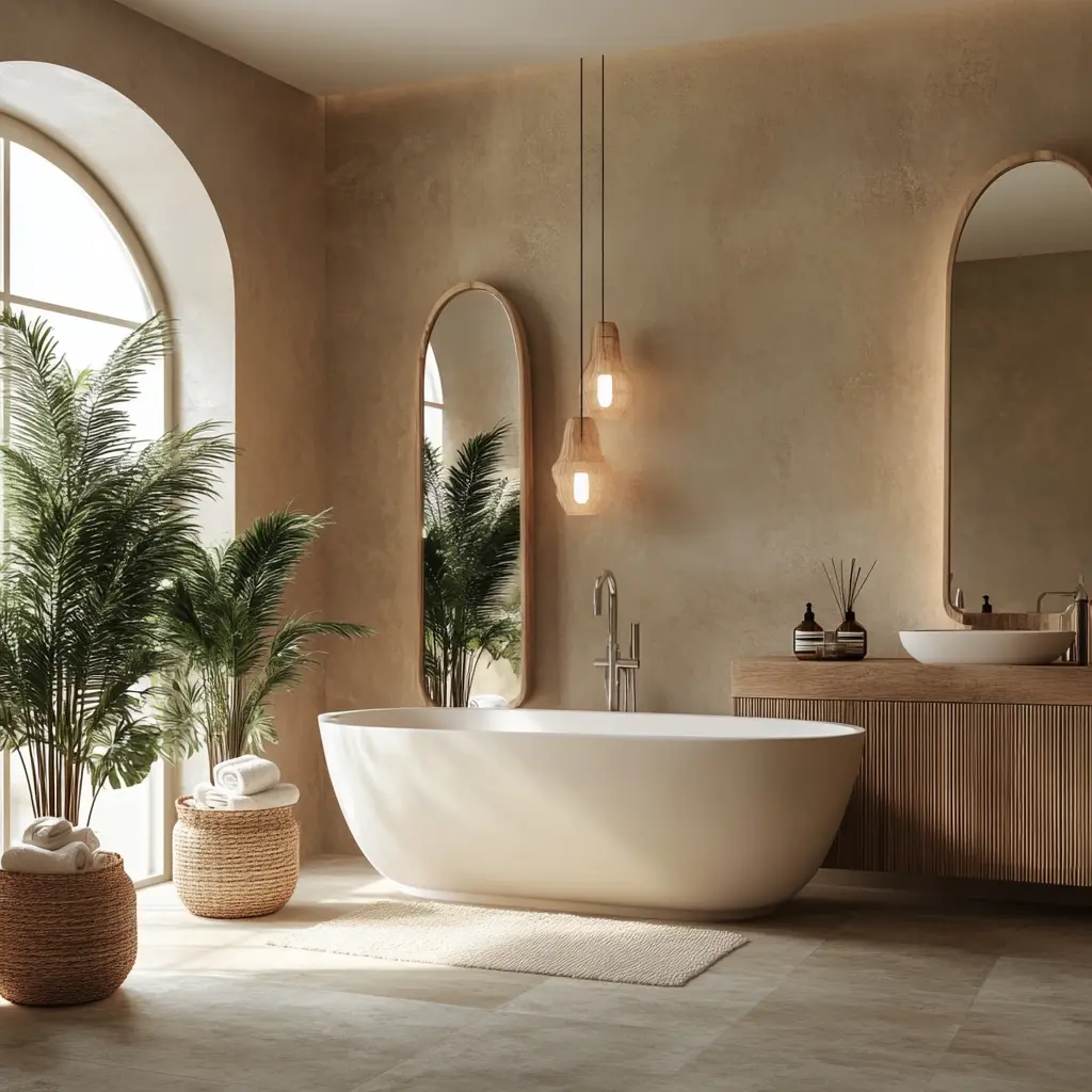 Create Your Own Spa: Tranquil Bathroom Design A tranquil bathroom with a freestanding bathtub, natural wood accents, and soft ambient lighting in Agoura Hills.