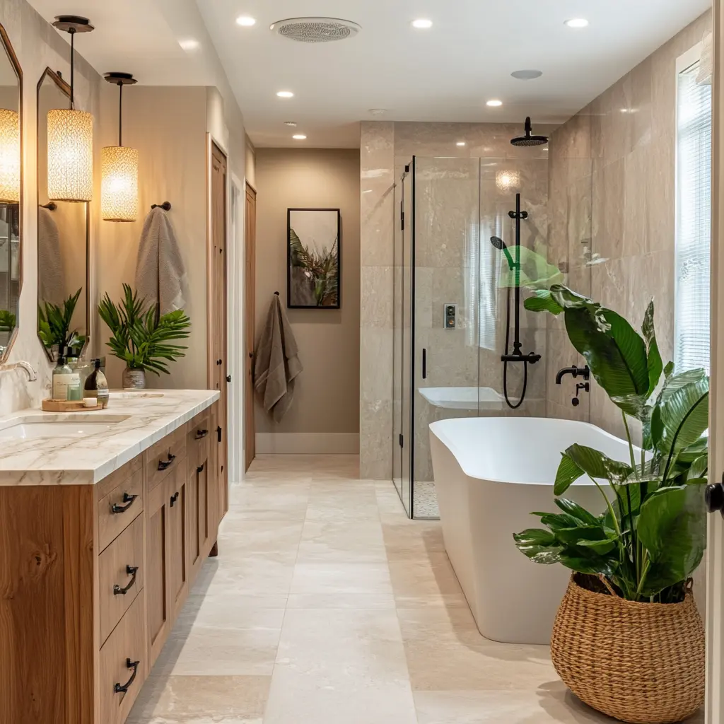 Spa-Inspired Bathroom Retreat: Luxury and Serenity Redefined Modern spa-inspired bathroom with a freestanding tub, rain shower, and marble countertops.