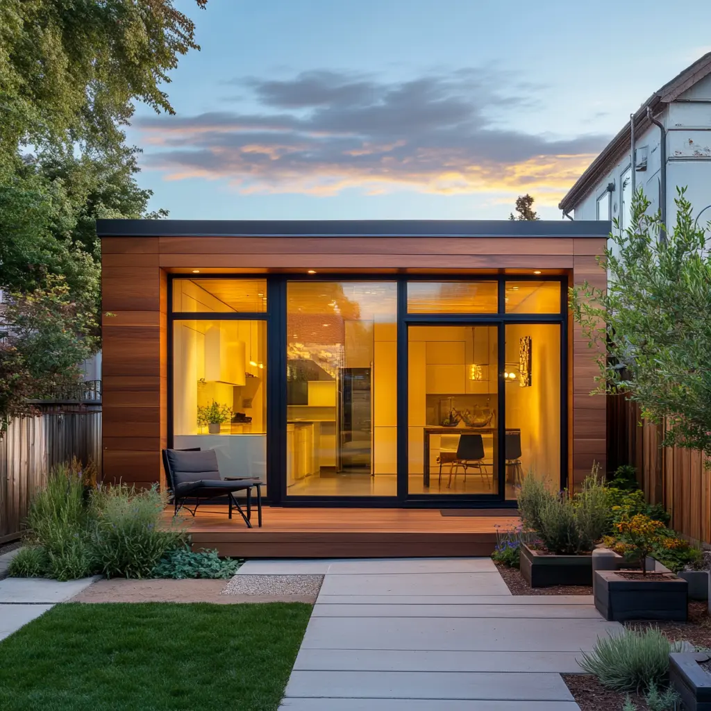 Modern ADU with a stylish facade and small patio.