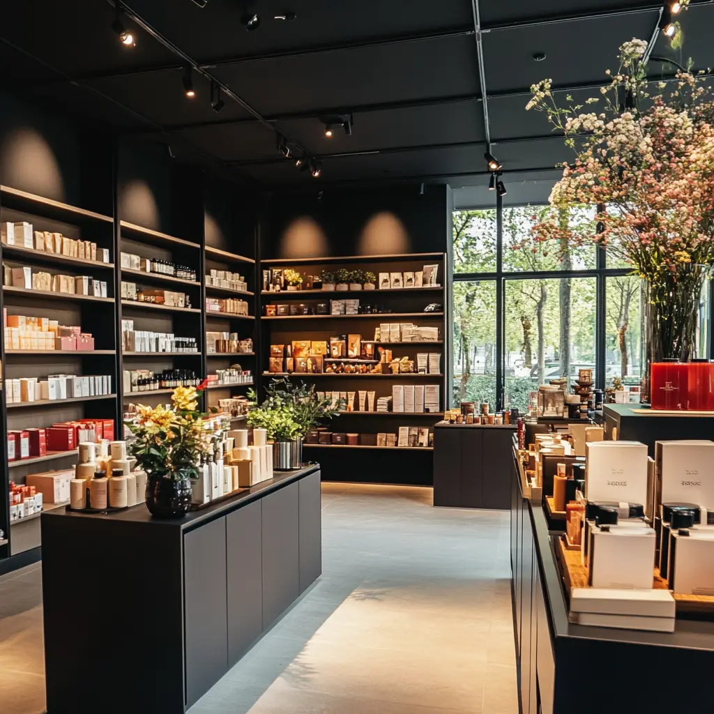 Chic Retail Store with Stylish Shelving and Product Displays Retail store interior with stylish shelves and neatly arranged products