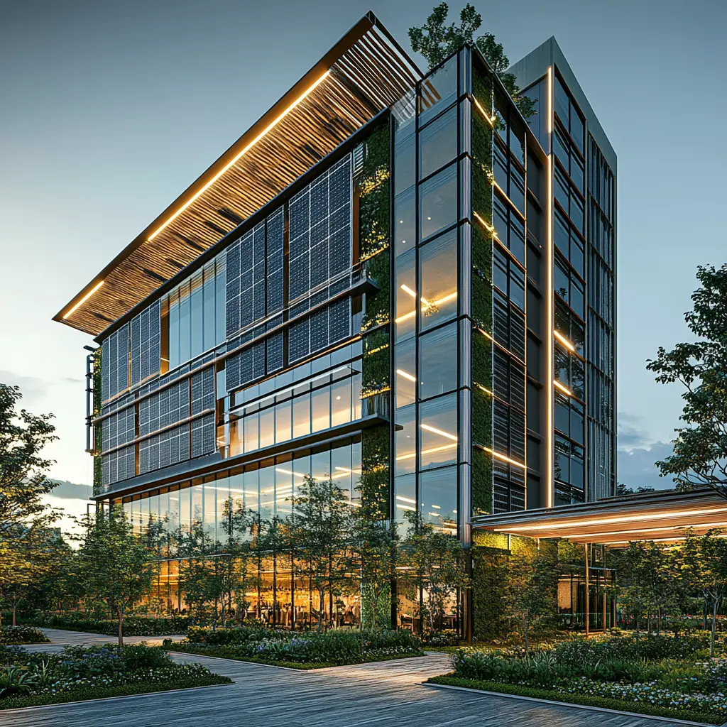 Reduce Costs and Increase Sustainability with Our Green Building Sustainable commercial building with solar panels and green spaces.