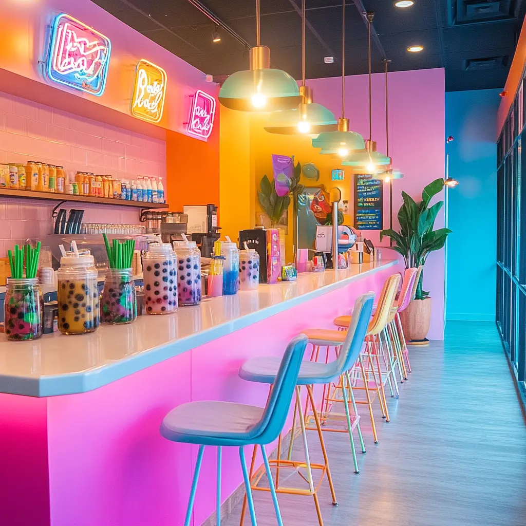 Discover Your Happy Place: A Colorful Boba Tea Experience A vibrant and trendy boba tea shop interior featuring colorful decor, neon signs, and comfortable seating Design.