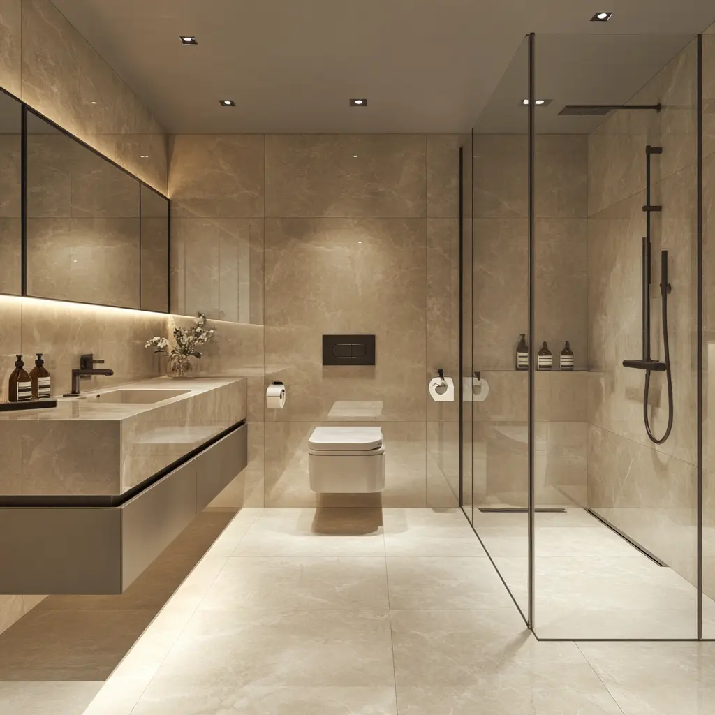 Sleek and Modern Bathroom Design with a 90-Degree Mirror A contemporary bathroom with a large rectangular mirror mounted at a 90-degree angle, creating a visually striking focal point.