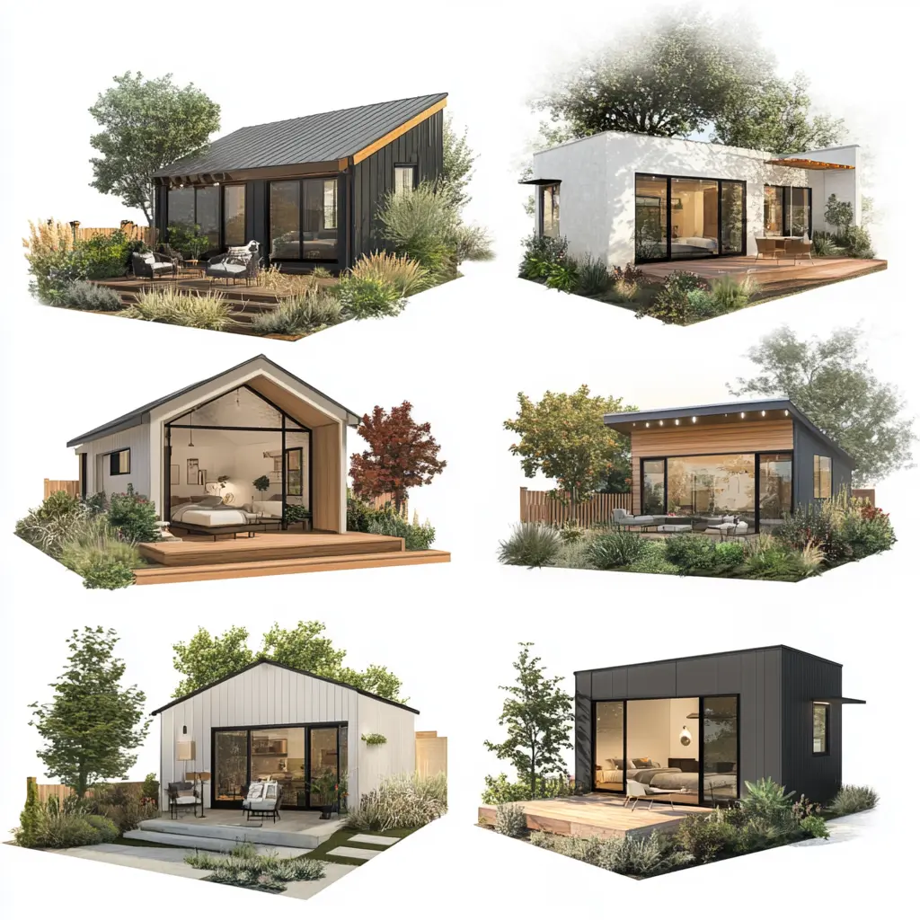 A collection of ADU renderings showcasing various architectural styles, including modern, farmhouse, and minimalist designs.