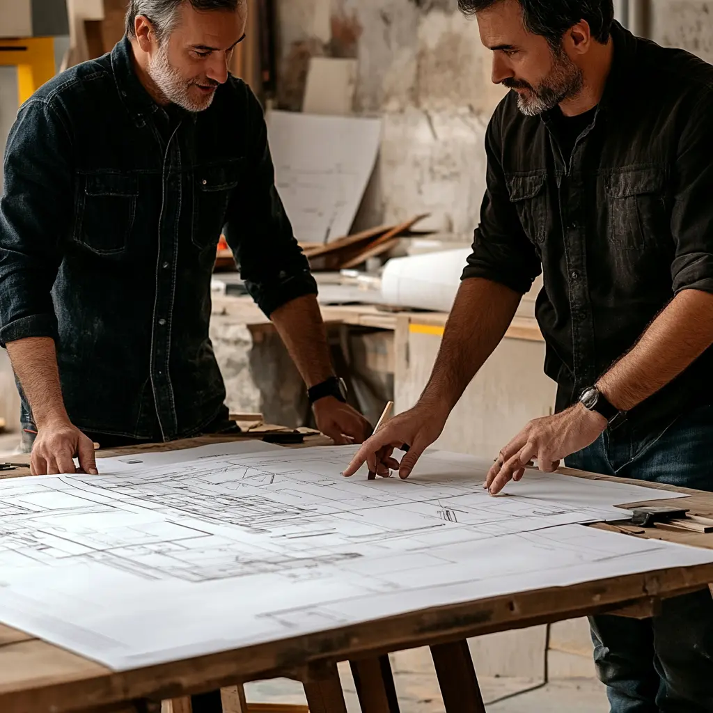 Architect & Contractor Collaboration: Building Your Dream Project An architect and contractor discussing blueprints for a remodeling project, showcasing teamwork and expertise.