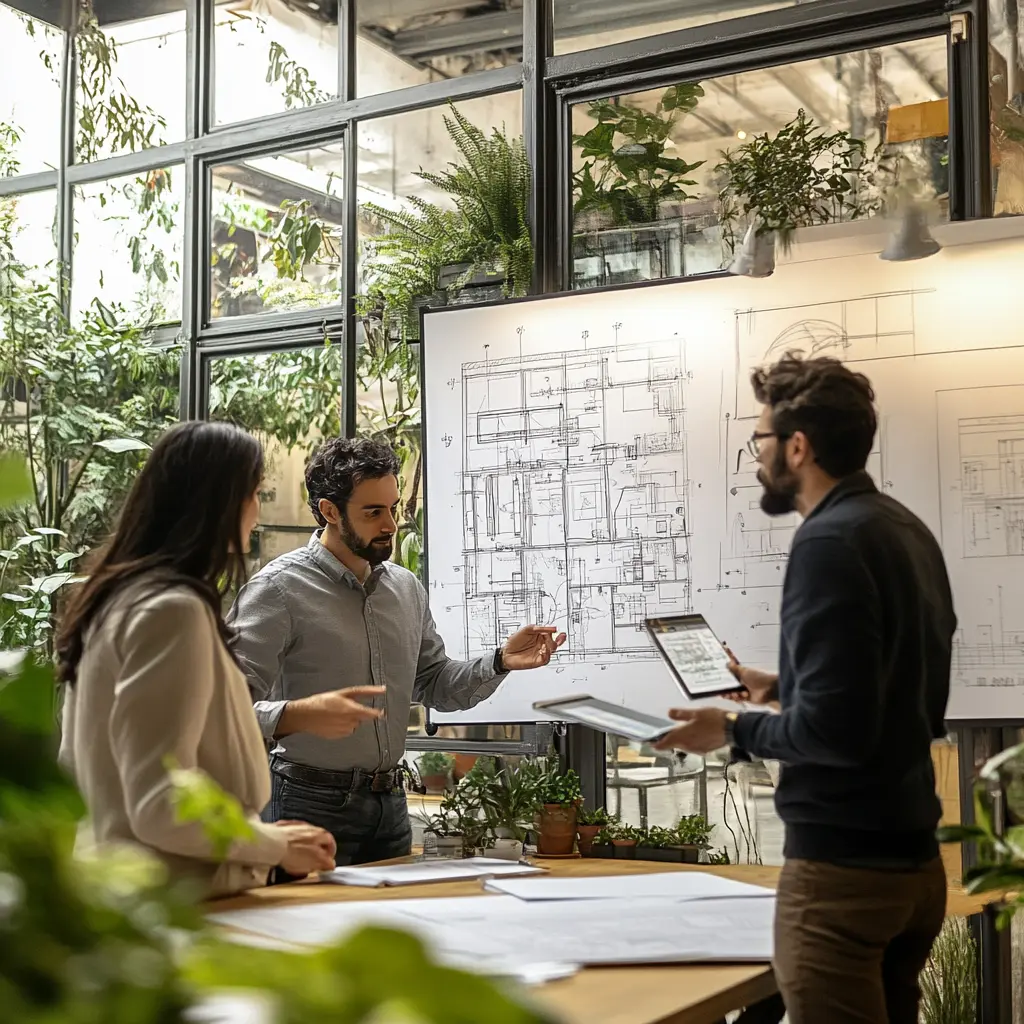 Architects Collaborate in a Modern, Creative Space Architects working together on blueprints in a modern office.