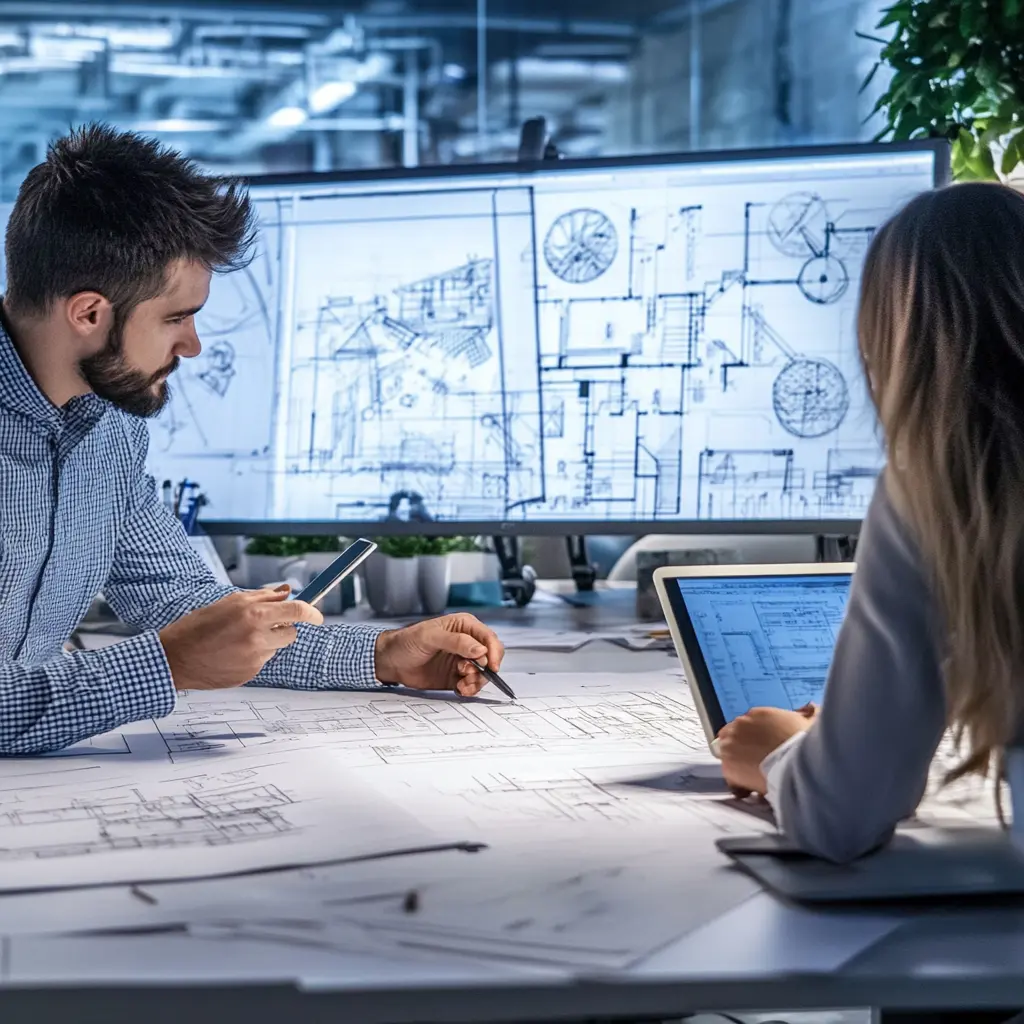 Architects Collaborating in a Creative Modern Office architects working together at a large table in a modern office in Irvine Commercial Architecture