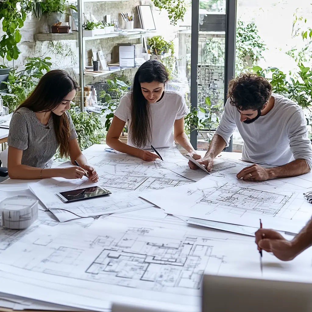 Architects Collaborate in a Creative Modern Office Architects working together on blueprints in a modern office.