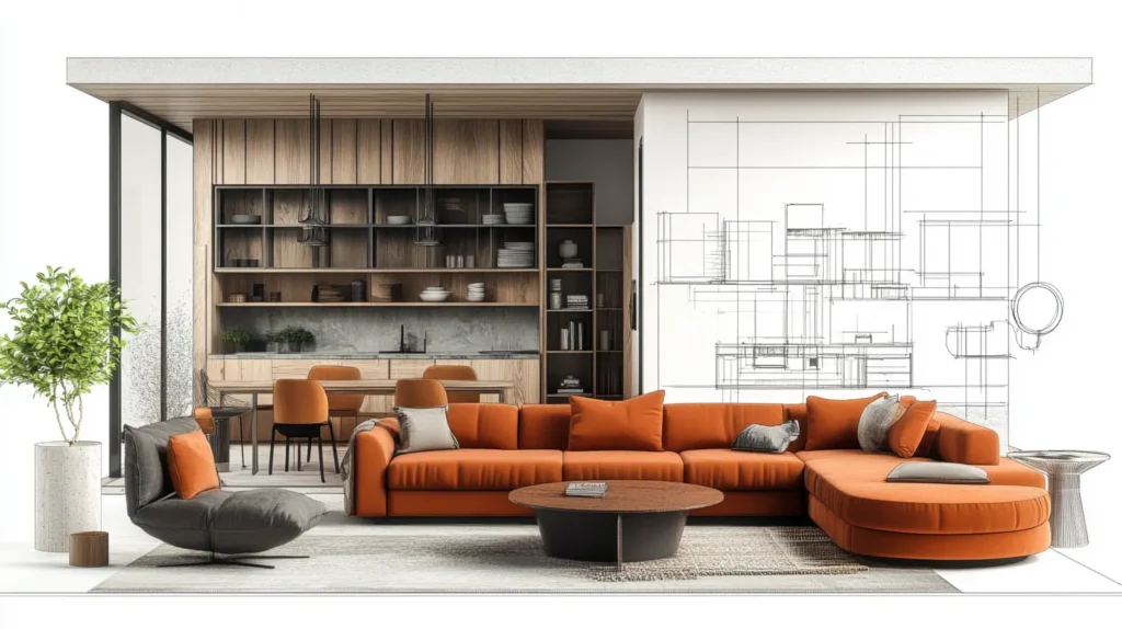 A collage of images showcasing architectural sketches, interior design renderings, and completed construction projects.
