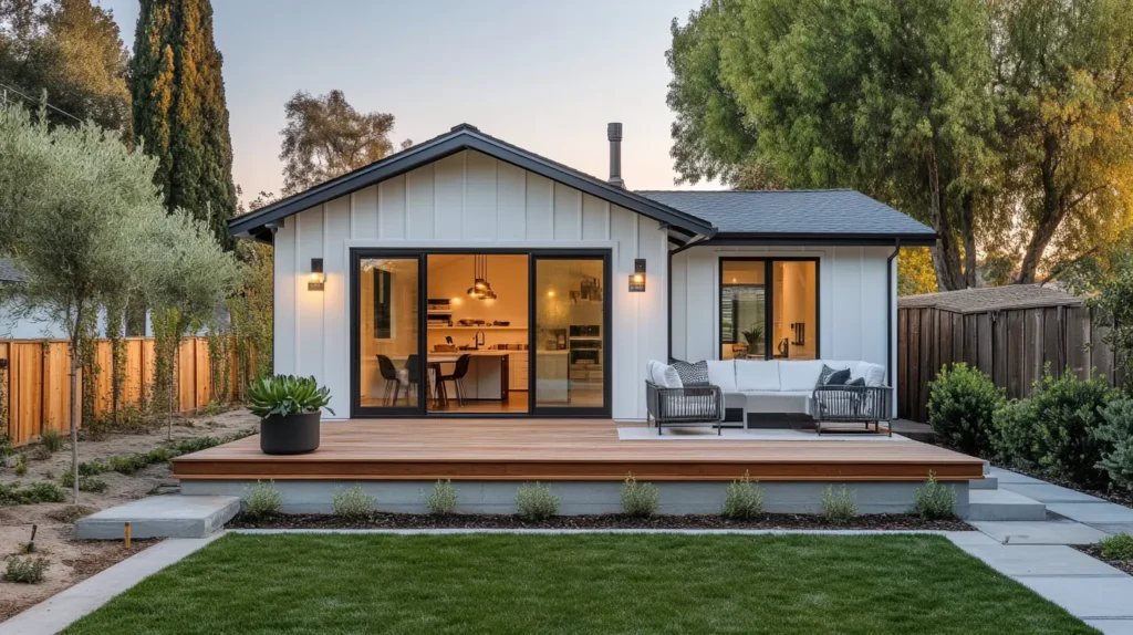 A professionally photographed front view of a modern farmhouse ADU California