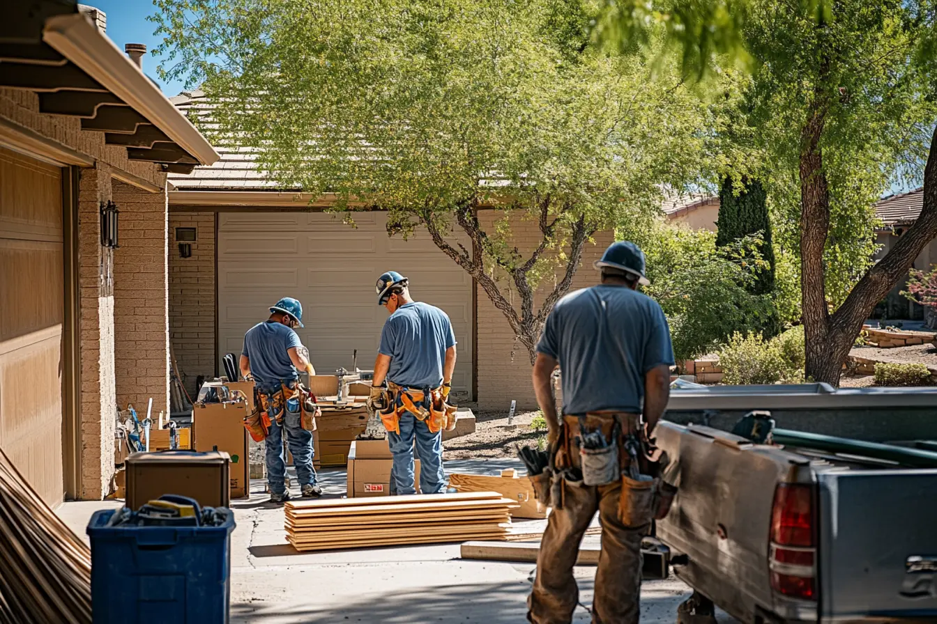 Skilled Carpenters Working on a Home Renovation in Fullerton Property A team of professional carpenters working on a suburban Fullerton Property, using high-quality tools and materials.