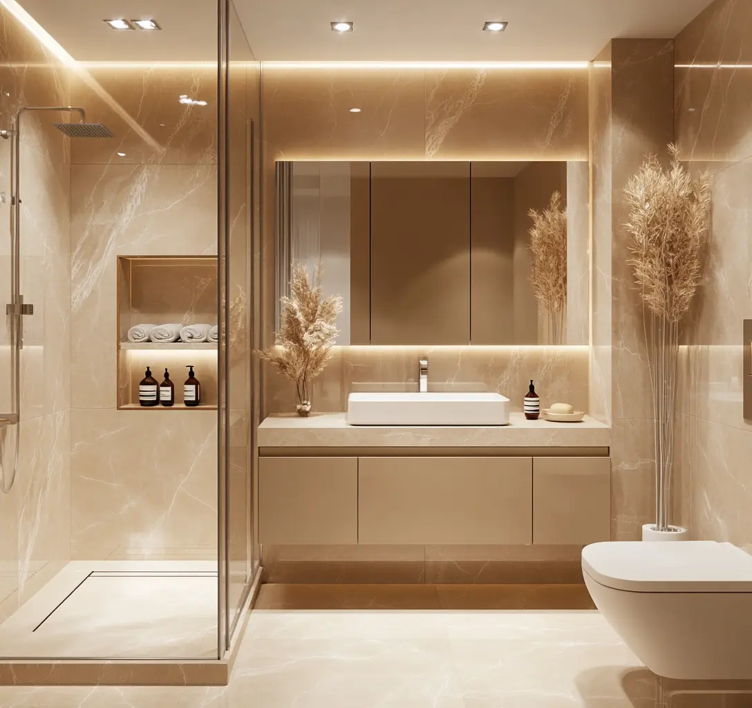 Modern Beige Bathroom Cabinet with Marble Cladding A close-up of a modern bathroom cabinet with a beige finish and a marble countertop, featuring integrated lighting.