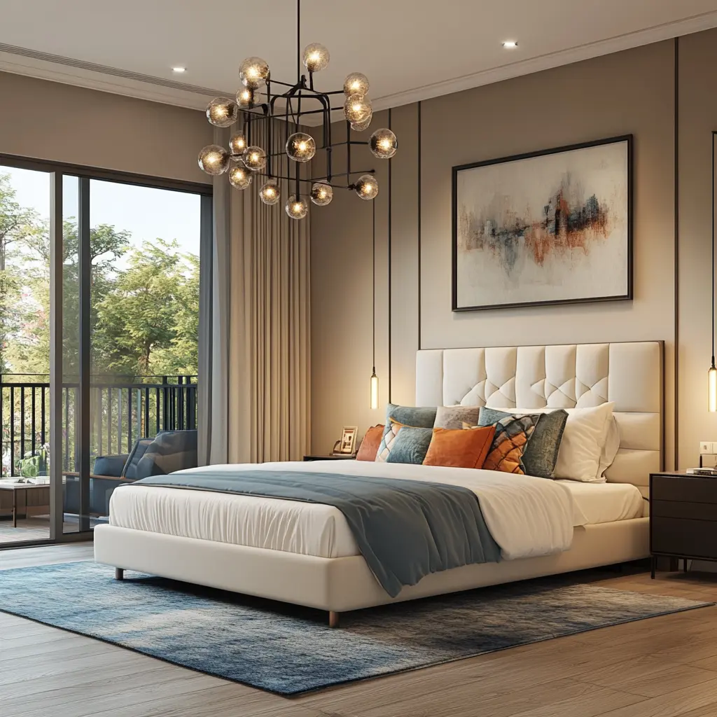 remodel A 3D rendering of a modern bedroom with beige walls, a blue carpet, and a comfortable bed with white linens.