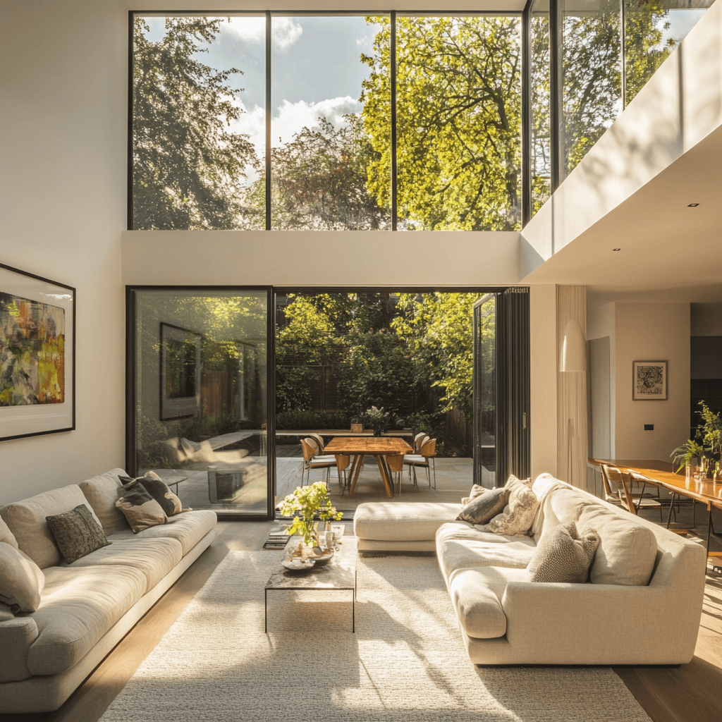 Bright and Airy Living Room Extension with Floor-to-Ceiling Windows Modern living room extension with large floor-to-ceiling windows.