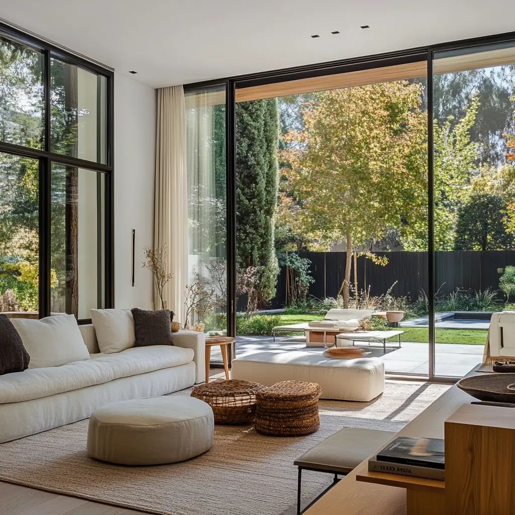 Bright and Airy Living Room Extension with Floor-to-Ceiling Windows Modern living room extension with floor-to-ceiling windows and backyard view