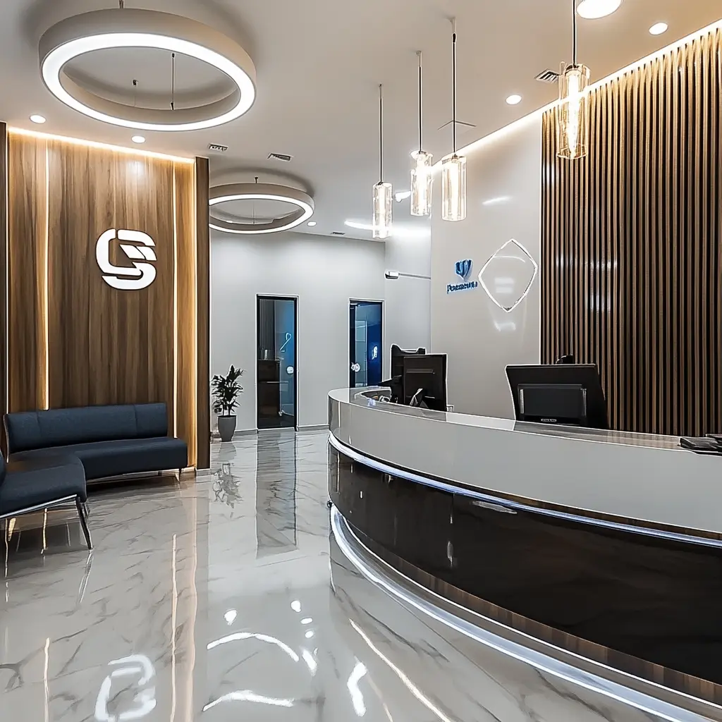 Modern Medical Office: Sleek Design Meets Comfort A bright and spacious medical office waiting room with stylish furniture and warm lighting.