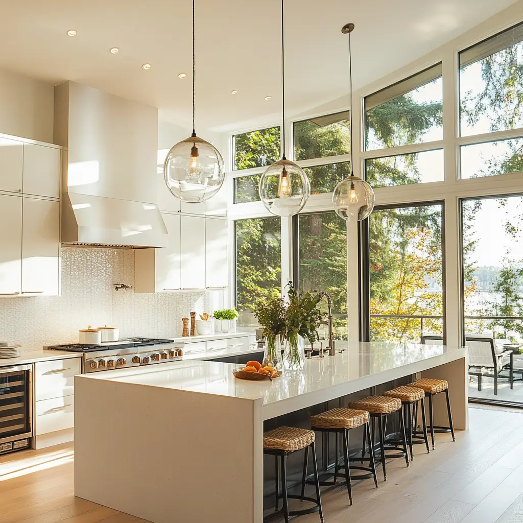 Bright and Airy Kitchen with Quartz Countertops and Island Modern kitchen with quartz countertops, a large island, and natural light