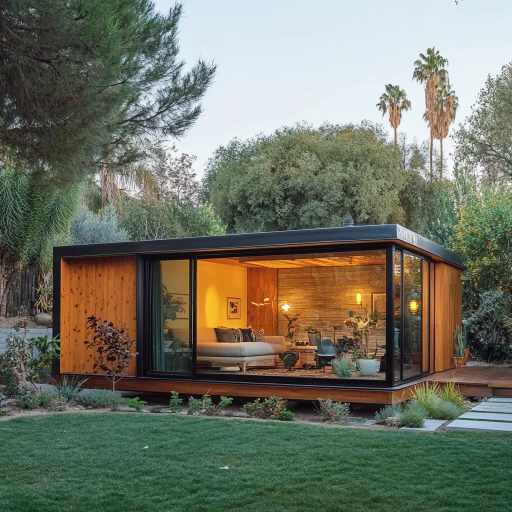 Contemporary California ADU with Tuscan Touches A cinematic photograph of a modern ADU in California, featuring Tuscan-inspired details and a blend of wood and glass.