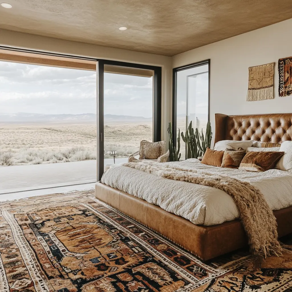 remodel A cozy bedroom featuring a camel leather tufted king bed, a Navajo rug, linen bedding, and large windows with a beautiful view.