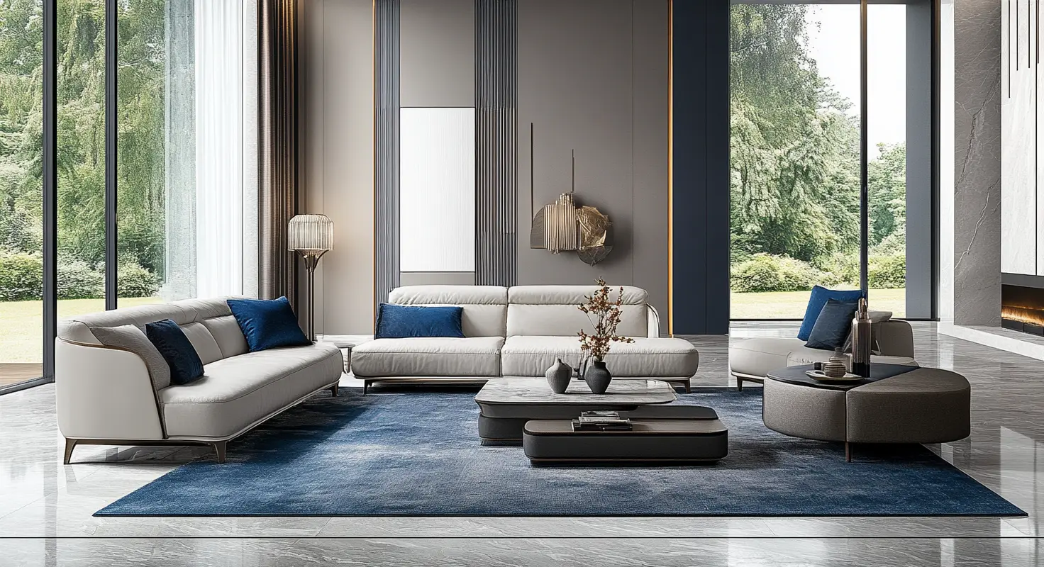 Modern Chinese Living Room: Gray & Blue Elegance A modern Chinese living room with a gray and blue color scheme, featuring a comfortable sofa, a coffee table, and large floor-to-ceiling windows.