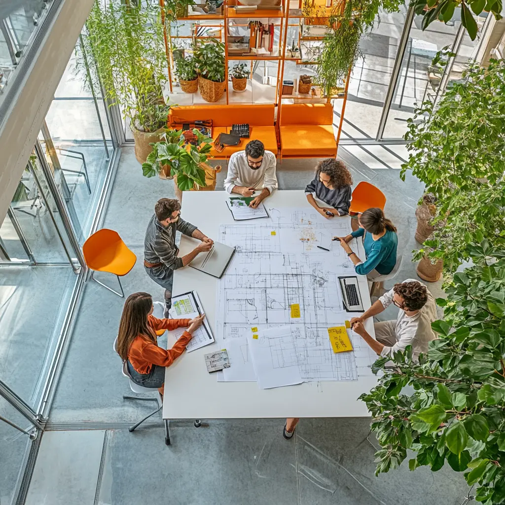 Collaborative Architecture Studio: Designing the Future Architects working together in a modern, collaborative office space.