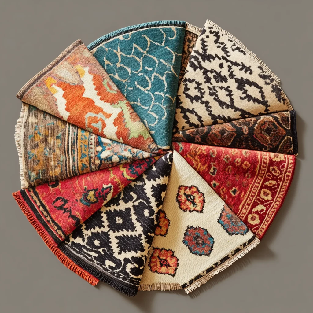 A circle of colorful area rugs on a solid background.