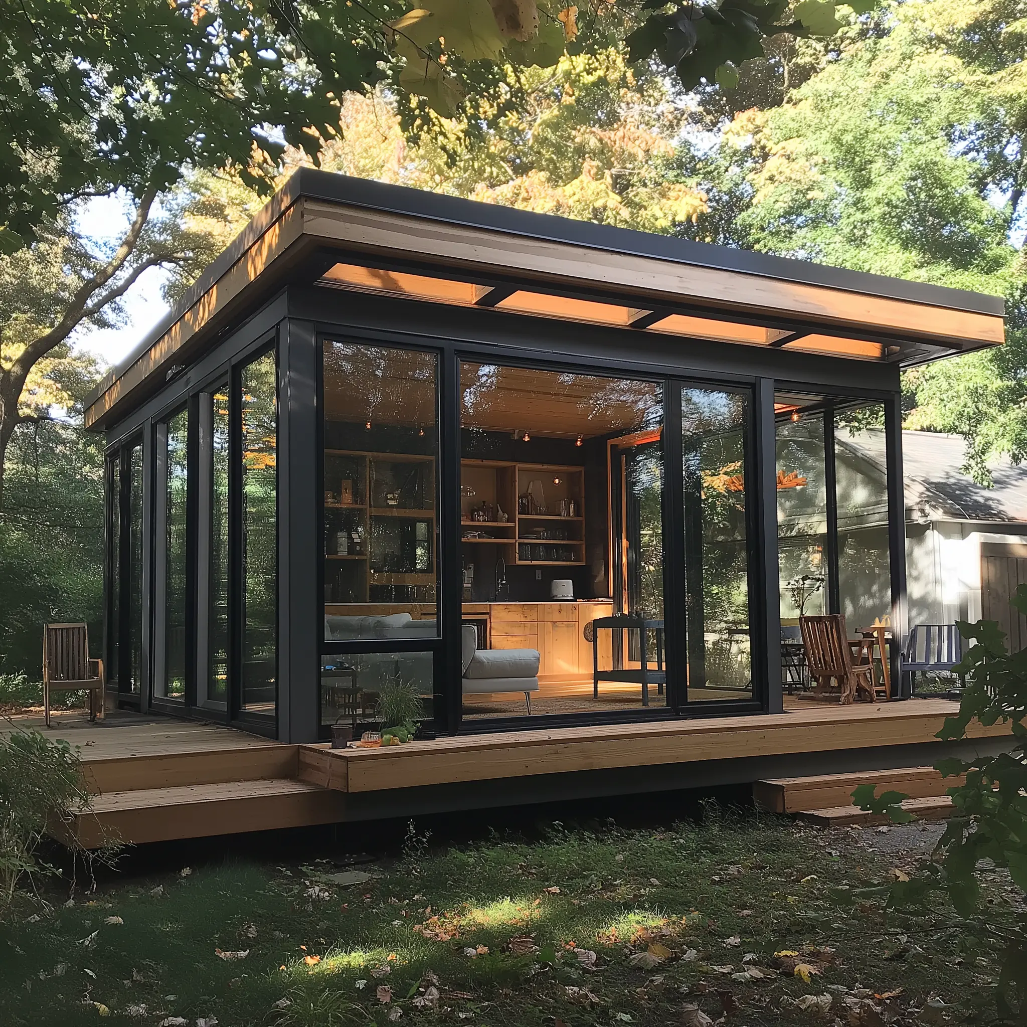 Compact Modern Barn Home Design with Shed Roof A rendering of a small, modern barn-style house with a shed roof, large windows, and a wraparound porch.