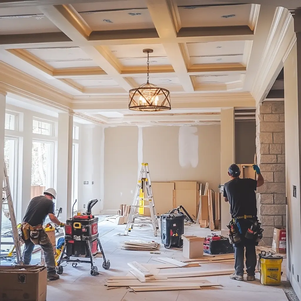 Skilled Construction Crew Hard at Work on a Home Renovation Construction crew working on a home renovation project