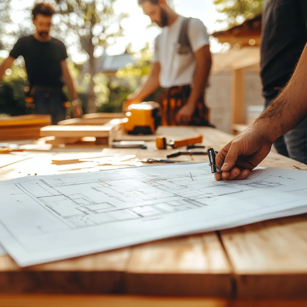 Construction Team Collaborating on Modern Backyard Project Construction team analyzing blueprints in a modern backyard setting.