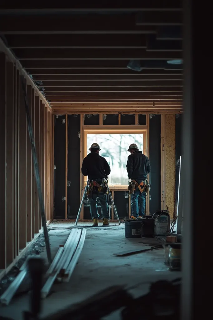 Construction workers using power tools to install ceiling panels in a new home.