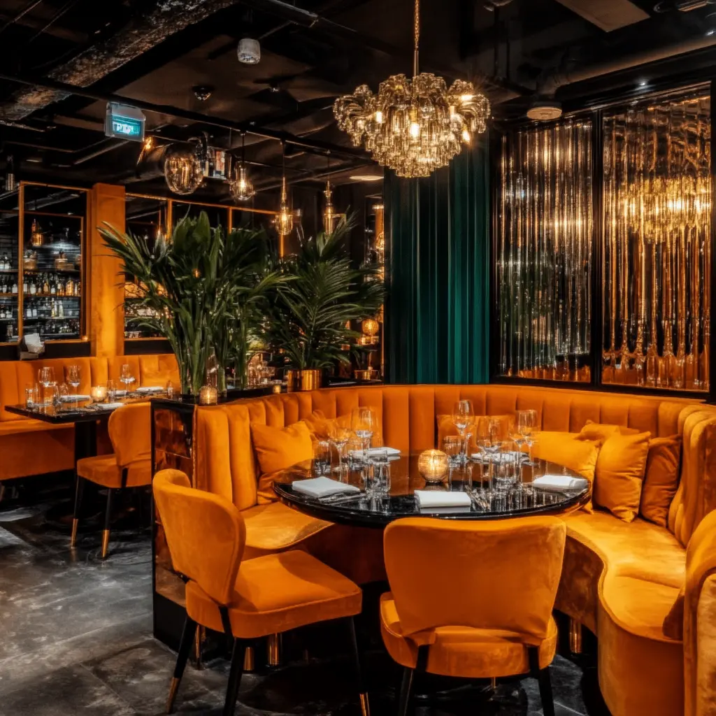 Modern Restaurant Interior: Stylish and Comfortable Dining : A cozy and stylish restaurant interior with comfortable seating and modern decor.