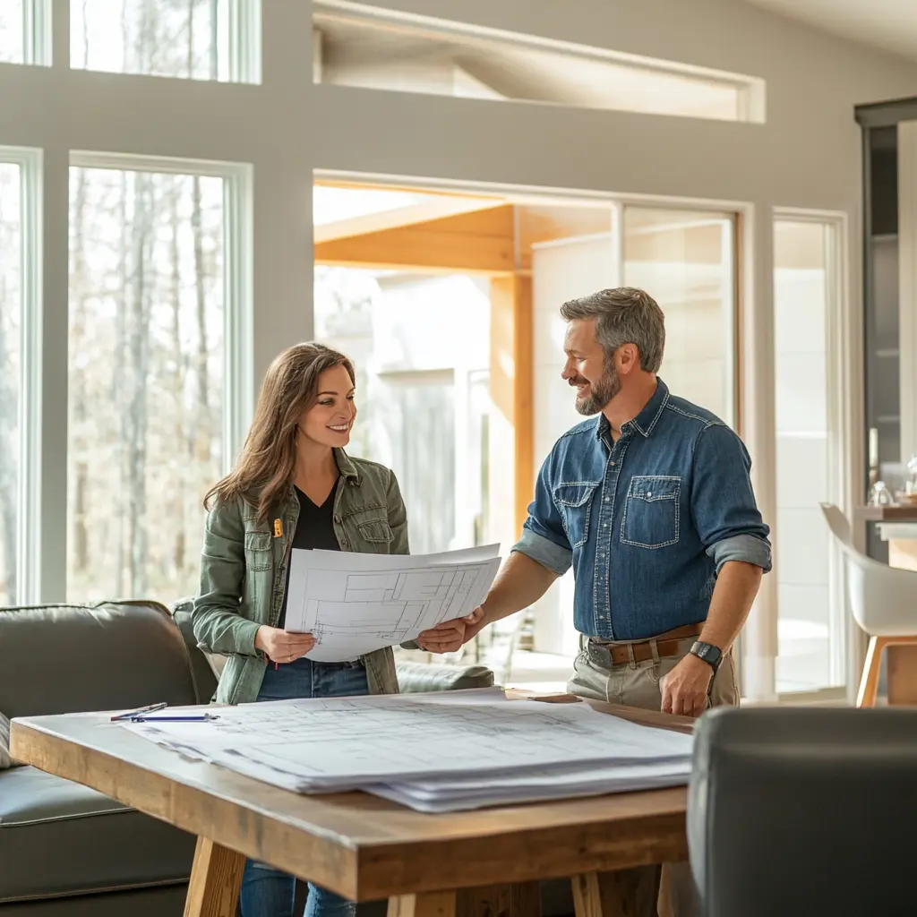 Contractor and Homeowner Collaborating on New Design Contractor and homeowner reviewing blueprints in a modern living room