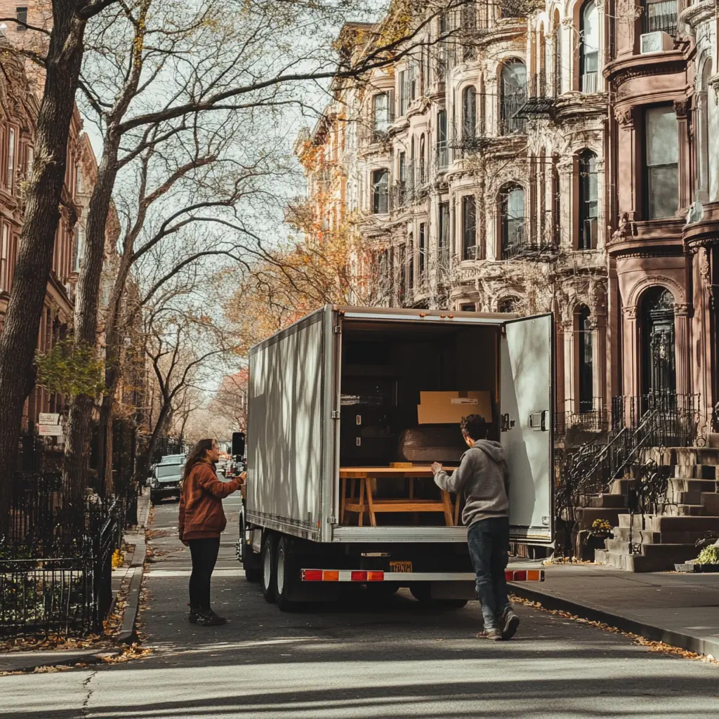 Young Couple Moving into a New Home Young couple loading furniture into a moving truck in front of a brownstone building for sell in Baldwin Park