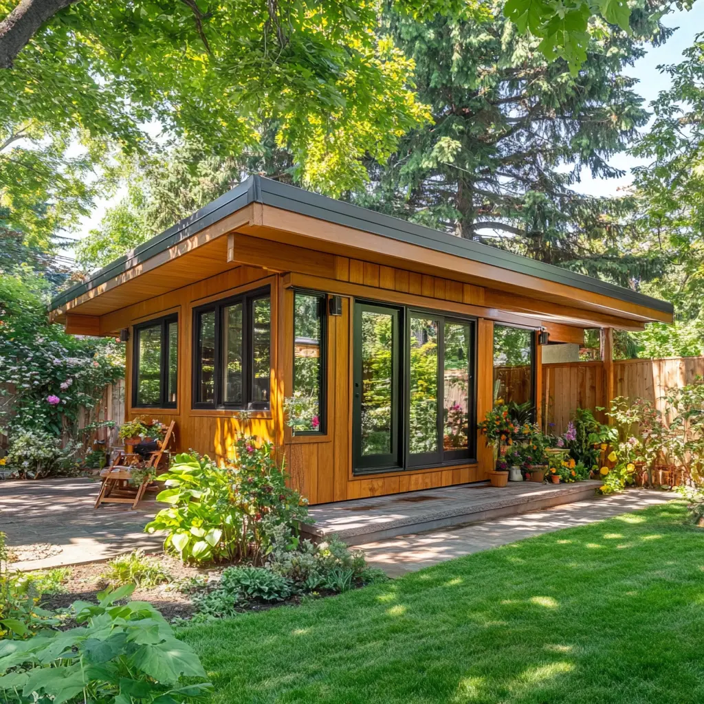 Charming Backyard Guest Suite: Your Private Oasis A cozy backyard guest suite with a wooden deck, lush greenery, and a private entrance.