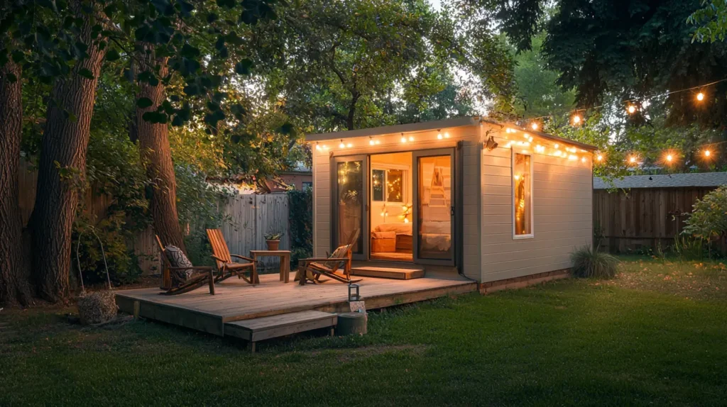 A cozy portable building with a small deck and string lights in a backyard.