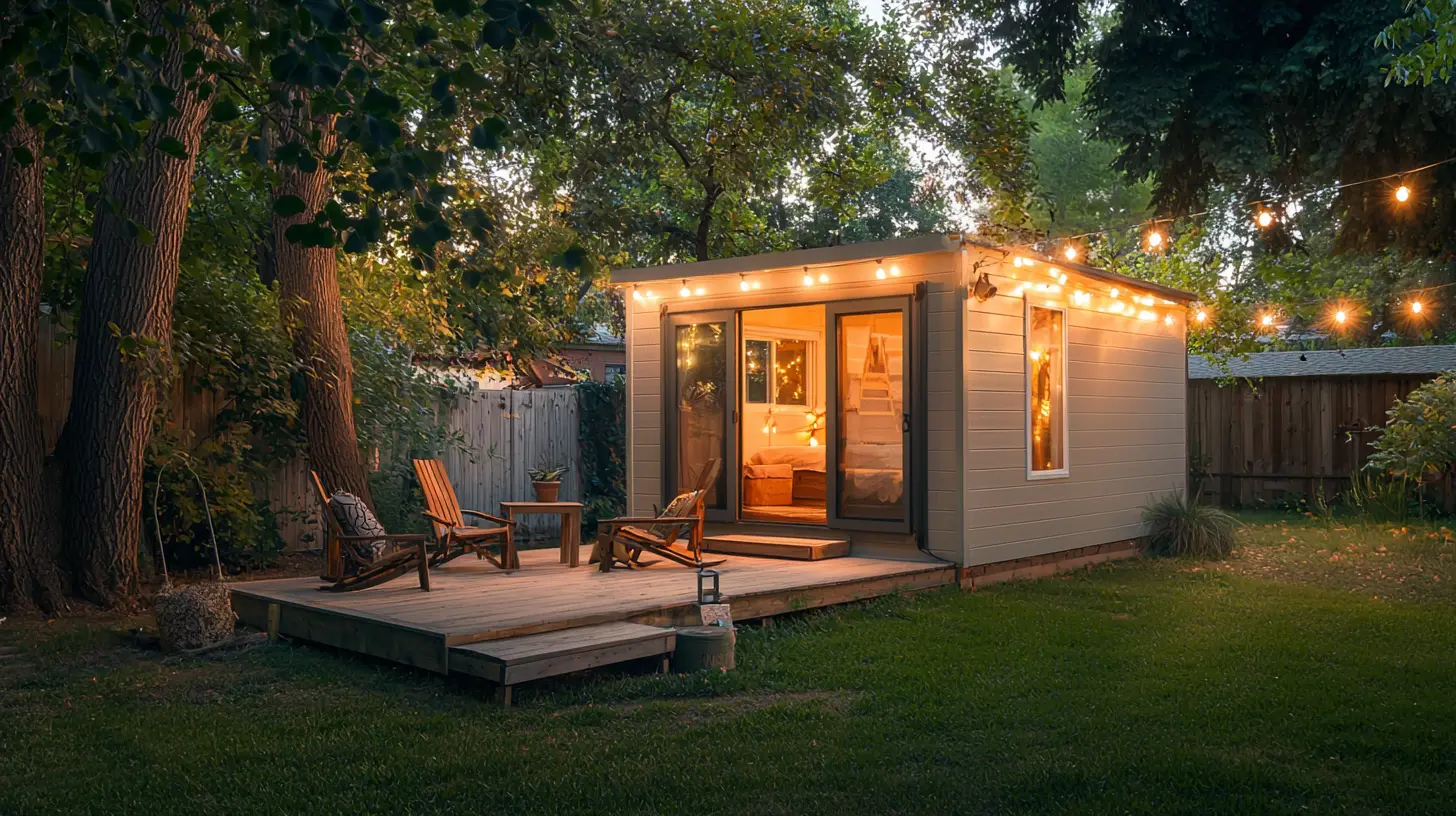 Cozy Backyard Retreat: Your Personal Oasis A cozy portable building with a small deck and string lights in a backyard in Tustin