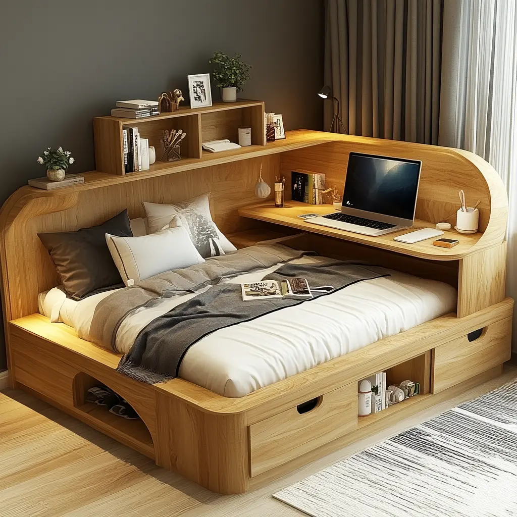 A minimalist dorm room featuring a cozy bed and a simple study desk.