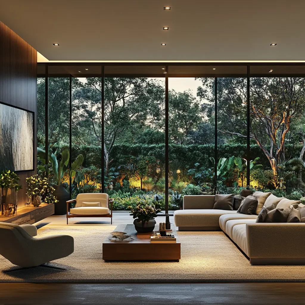 Cozy Open-Plan Living Room with Stunning Garden Views Cozy living room with floor-to-ceiling windows overlooking a garden