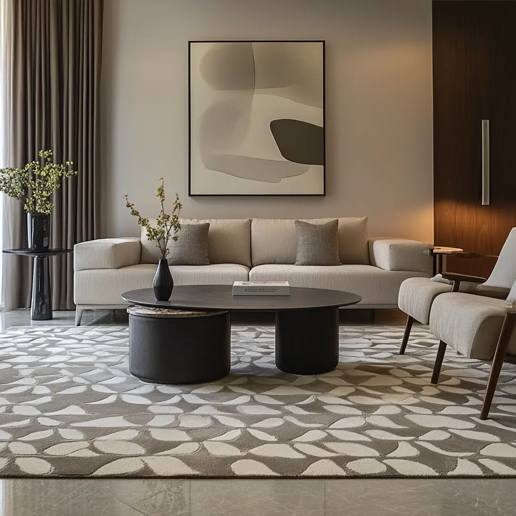 A close-up of a neutral wool rug placed under a coffee table in a cozy livingroom setting.