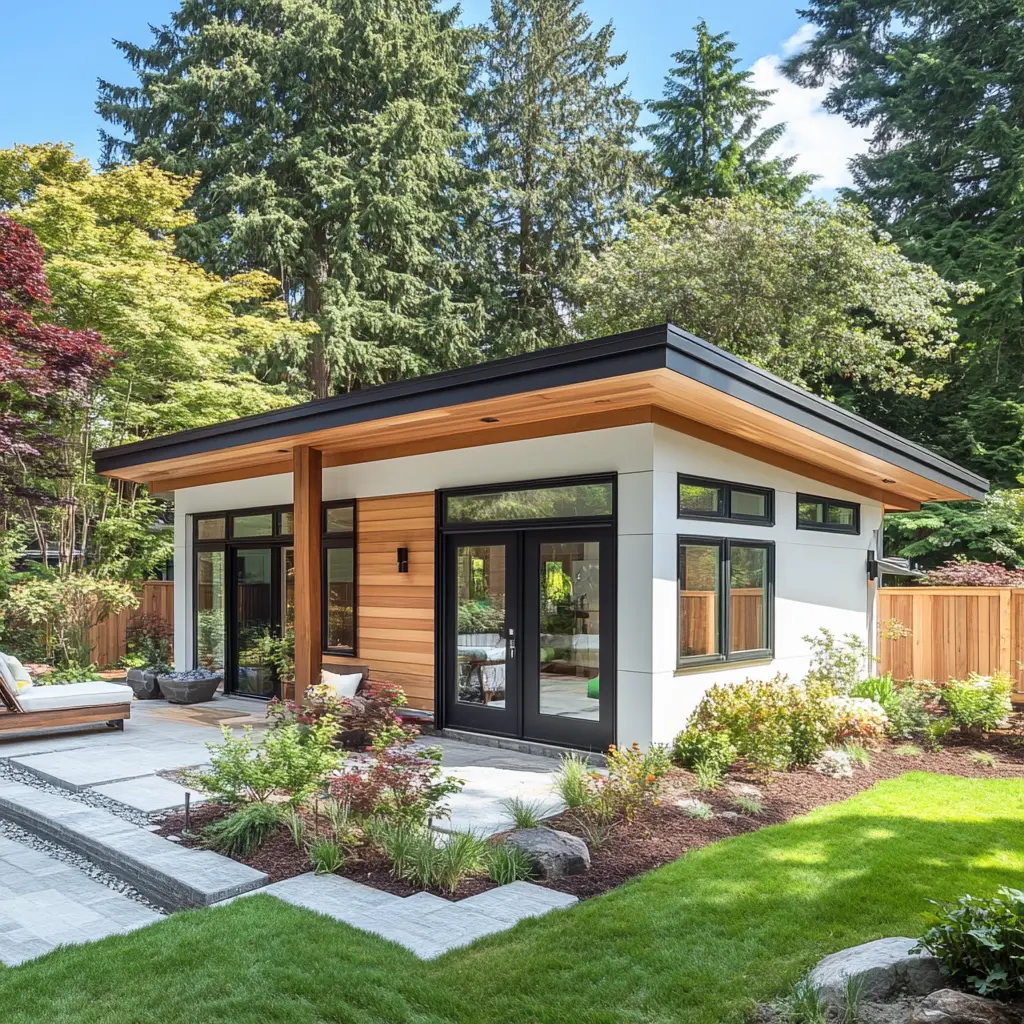 Cozy Modern Mother-in-Law Suite: Backyard Retreat A cozy modern mother-in-law suite with a wooden exterior, surrounded by lush gardens in Arcadia