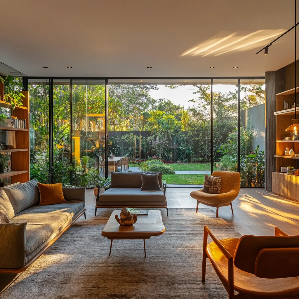 Cozy Open-Plan Living Room with Stunning Backyard Views Cozy living room with floor-to-ceiling windows and backyard view